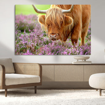 64069351-MGV-CV-36X24-Farmhouse Wall Art – Highland Cow in Wildflowers Canvas Print, Rustic Country Cattle Photography Decor for Bedroom, Living Room,