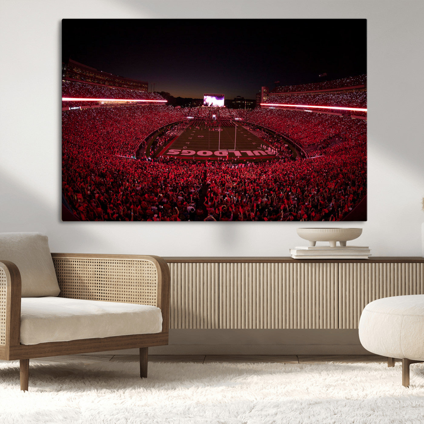 38331045-MGV-CV-36X24-Sanford Stadium Wall Art – Panoramic Georgia Bulldogs Red Light Game Football Canvas Print, Night Crowd Sports Decor for Office,