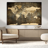 13394308-MGV-CV-36X24-Personalized World Map Wall Art – Dark Rustic Vintage Adventure Travel Map with Custom Couple Names, Timeless Wall Decor for Home
