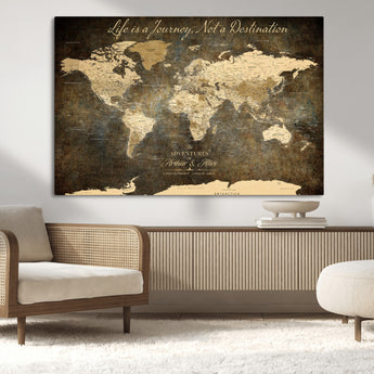 13394308-MGV-CV-36X24-Personalized World Map Wall Art – Dark Rustic Vintage Adventure Travel Map with Custom Couple Names, Timeless Wall Decor for Home