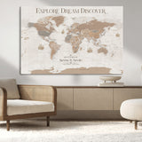 56148717-MGV-CV-36X24-Personalized World Map Wall Art – Neutral Beige & Brown Vintage Adventure Travel Map with Custom Couple Names, Classic Wall Decor