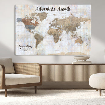 30792405-MGV-CV-36X24-Personalized World Map Wall Art – Rustic Beige Adventure Travel Map with Custom Couple Names, Vintage Wall Decor for Home or