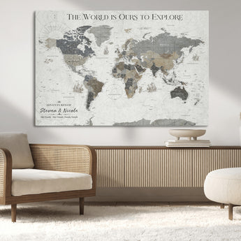 97082026-MGV-CV-36X24-Personalized World Map Wall Art – Vintage Gray Adventure Travel Map with Custom Couple or Family Names, Rustic Wall Decor for Home