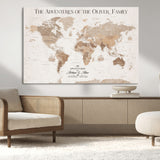 43869621-MGV-CV-36X24-Personalized World Map Wall Art – Light Beige Sepia Adventure Travel Map with Custom Family or Couple Names, Rustic Wall Decor for