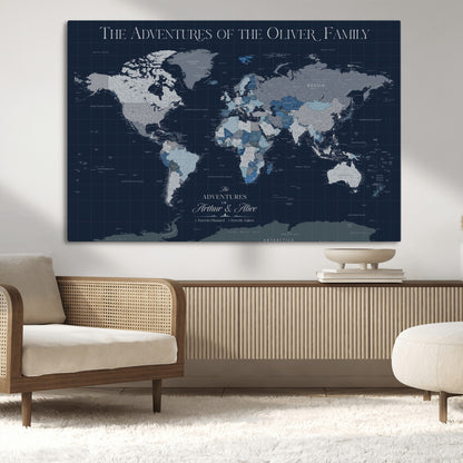 76726424-MGV-CV-36X24-Personalized World Map Wall Art – Navy Blue & Grey Adventure Travel Map with Custom Family or Couple Names, Modern Wall Decor for