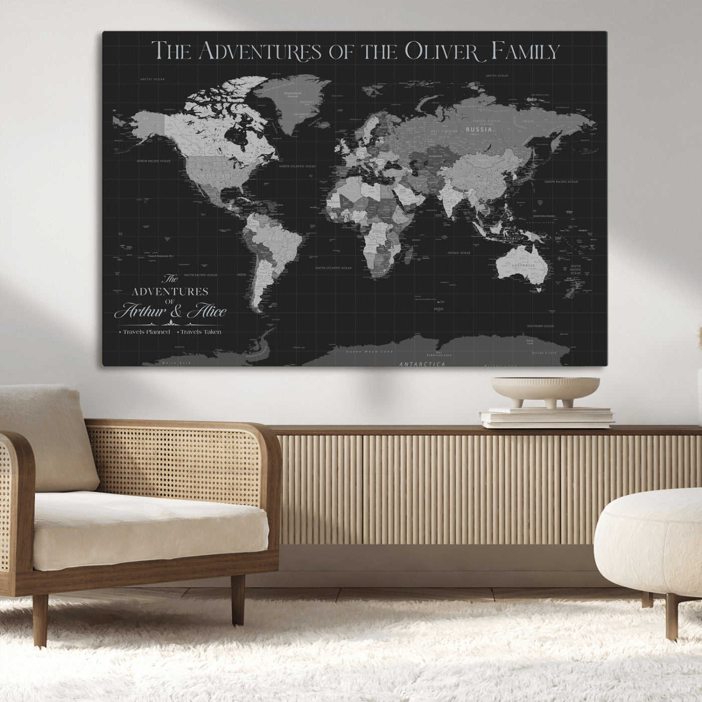 46064114-MGV-CV-36X24-Personalized World Map Wall Art – Black & Grey Adventure Travel Map with Custom Family or Couple Names, Modern Wall Decor for Home