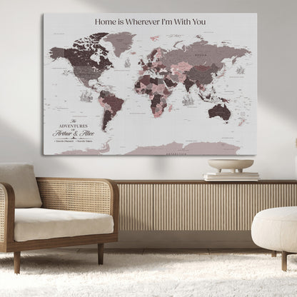 33204797-MGV-CV-36X24-Personalized World Map Wall Art – Burgundy & Grey Adventure Travel Map with Custom Names, Romantic Wall Decor for Couples, Home or