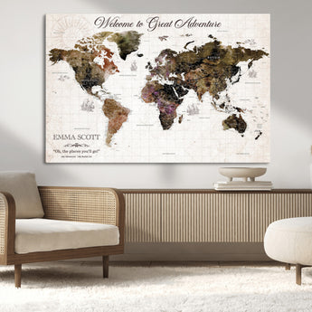 33631532-MGV-CV-36X24-Personalized World Map Wall Art – Dark Vintage Adventure Travel Map with Custom Names, Rustic Wall Decor for Couples, Home or