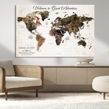 33631532-MGV-CV-36X24-Personalized World Map Wall Art – Dark Vintage Adventure Travel Map with Custom Names, Rustic Wall Decor for Couples, Home or