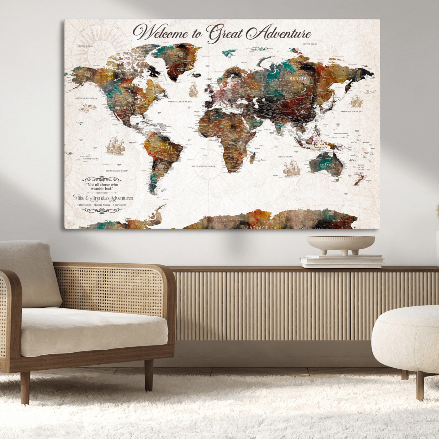 67029173-MGV-CV-36X24-Personalized World Map Wall Art – Colorful Vintage Adventure Travel Map with Custom Couple Names, Rustic Wall Decor for Home,
