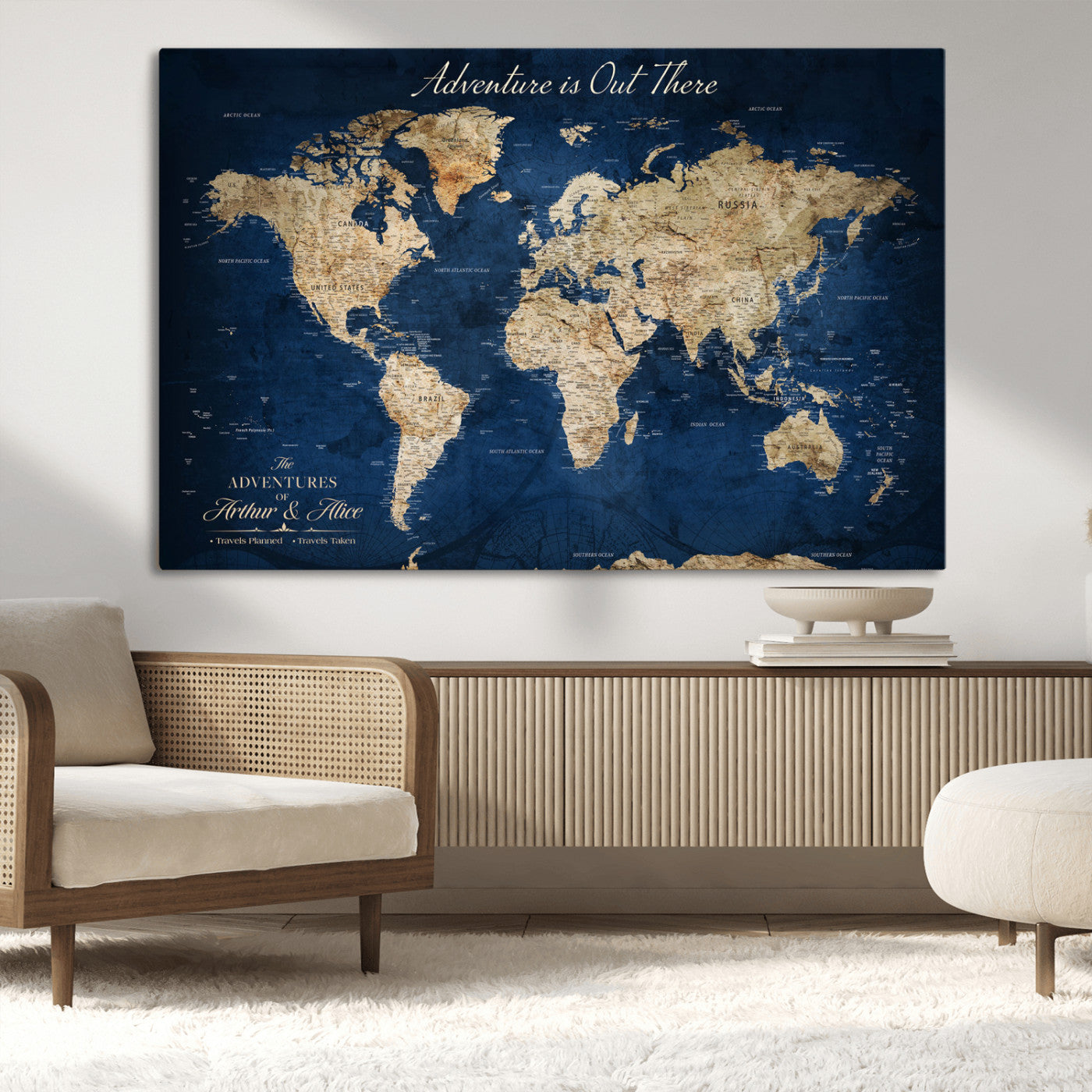 71052542-MGV-CV-36X24-Personalized World Map Wall Art – Rustic Navy Blue Adventure Travel Map with Custom Couple Names, Vintage Wall Decor for Home or