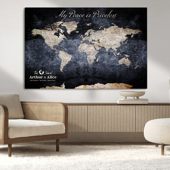 85403043-MGV-CV-36X24-Personalized World Map Wall Art – Dark Blue Rustic Adventure Map with Custom Couple Names, Vintage Wall Decor for Home or Travel