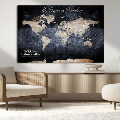85403043-MGV-CV-36X24-Personalized World Map Wall Art – Dark Blue Rustic Adventure Map with Custom Couple Names, Vintage Wall Decor for Home or Travel