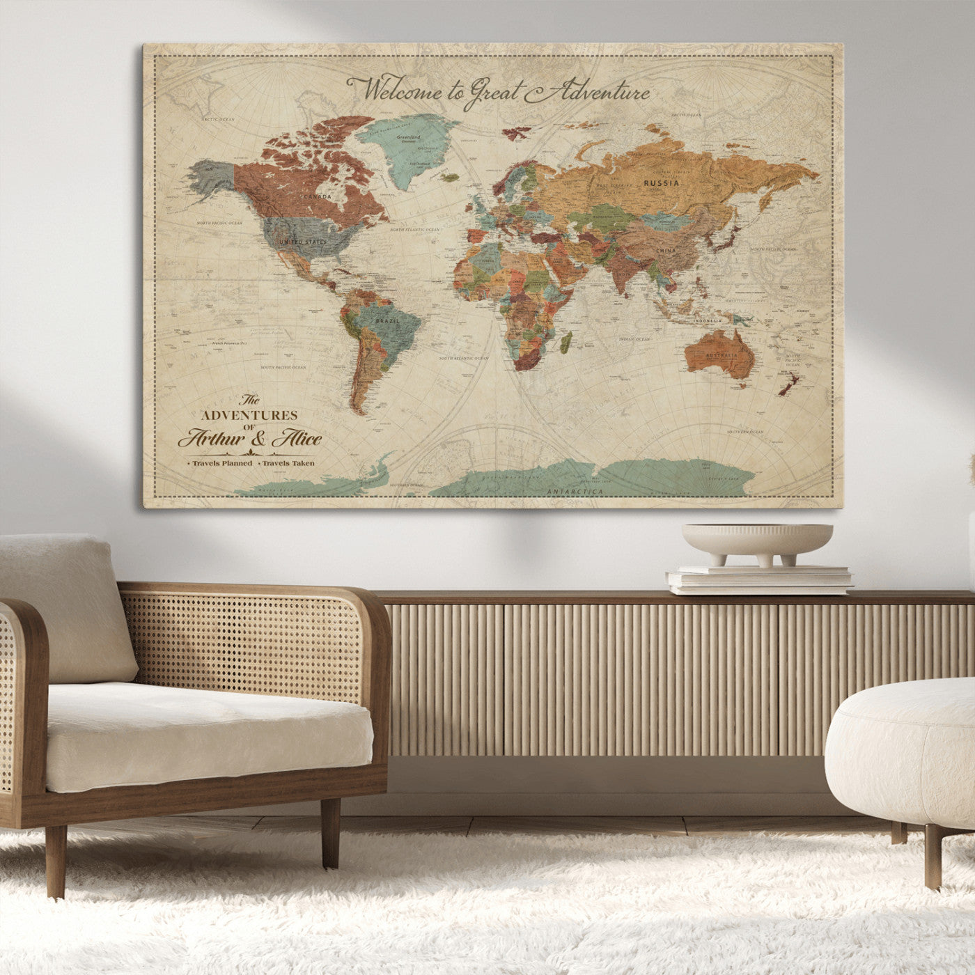 43497401-MGV-CV-36X24-Personalized World Map Wall Art – Vintage Rustic Adventure Travel Map with Custom Couple Names, Welcome to Great Adventure Wall