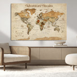 18685073-MGV-CV-36X24-Personalized World Map Wall Art – Antique Vintage Parchment Adventure Awaits Travel Map with Custom Couple Names, Rustic Wall