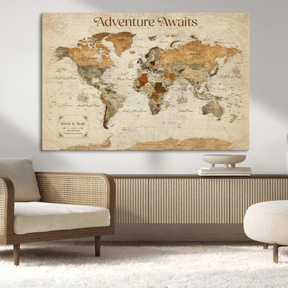 18685073-MGV-CV-36X24-Personalized World Map Wall Art – Antique Vintage Parchment Adventure Awaits Travel Map with Custom Couple Names, Rustic Wall