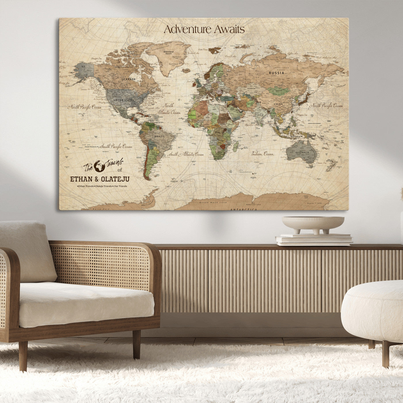 62766900-MGV-CV-36X24-Personalized World Map Wall Art – Antique Parchment Adventure Travel Map with Custom Couple Names, Rustic Wall Decor for Home,