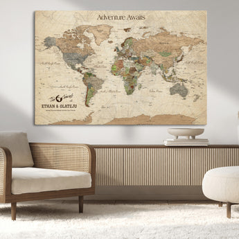 62766900-MGV-CV-36X24-Personalized World Map Wall Art – Antique Parchment Adventure Travel Map with Custom Couple Names, Rustic Wall Decor for Home,