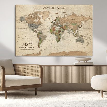 62766900-MGV-CV-36X24-Personalized World Map Wall Art – Antique Parchment Adventure Travel Map with Custom Couple Names, Rustic Wall Decor for Home,