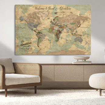 32019746-MGV-CV-36X24-Personalized World Map Wall Art – Vintage Camo Adventure Travel Map with Custom Family Names, Rustic Wall Decor for Couples, Home