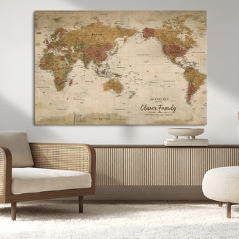 31874045-MGV-CV-36X24-Personalized World Map Wall Art – Vintage Earth Tone Adventure Map with Custom Family Names, Rustic Travel Decor for Home, Couples