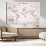 11706567-MGV-CV-36X24-Personalized World Map Wall Art – Minimalist Beige Adventure Travel Map with Custom Names, Elegant Push Pin Canvas for Couples,