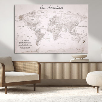 11706567-MGV-CV-36X24-Personalized World Map Wall Art – Minimalist Beige Adventure Travel Map with Custom Names, Elegant Push Pin Canvas for Couples,