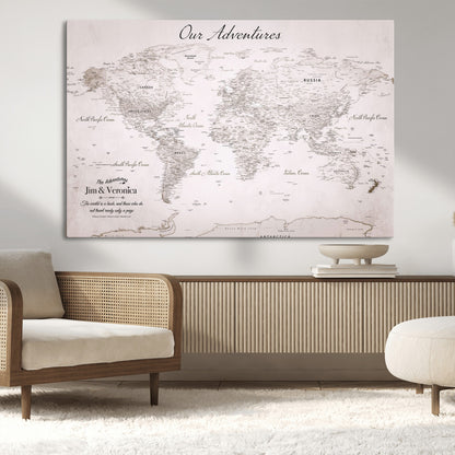 11706567-MGV-CV-36X24-Personalized World Map Wall Art – Minimalist Beige Adventure Travel Map with Custom Names, Elegant Push Pin Canvas for Couples,