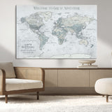 70605050-MGV-CV-36X24-Personalized World Map Wall Art – Cool Gray Adventure Travel Map with Custom Names, Elegant Push Pin Canvas for Couples, Family