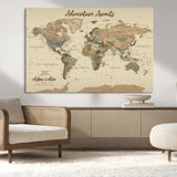 53442996-MGV-CV-36X24-Personalized World Map Wall Art – Adventure Awaits Vintage Travel Map with Custom Couple Names, Rustic Wall Decor for Home,