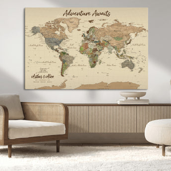 53442996-MGV-CV-36X24-Personalized World Map Wall Art – Adventure Awaits Vintage Travel Map with Custom Couple Names, Rustic Wall Decor for Home,