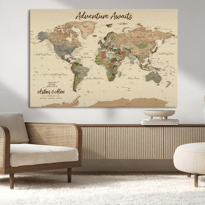 53442996-MGV-CV-36X24-Personalized World Map Wall Art – Adventure Awaits Vintage Travel Map with Custom Couple Names, Rustic Wall Decor for Home,