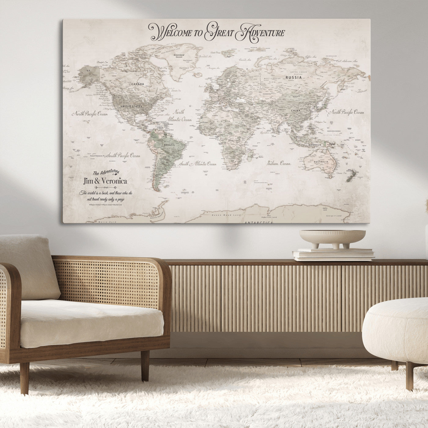 93034948-MGV-CV-36X24-Personalized World Map Wall Art – Vintage Beige Adventure Travel Map with Custom Names, Elegant Push Pin Canvas for Couples,