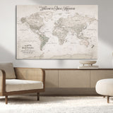 93034948-MGV-CV-36X24-Personalized World Map Wall Art – Vintage Beige Adventure Travel Map with Custom Names, Elegant Push Pin Canvas for Couples,