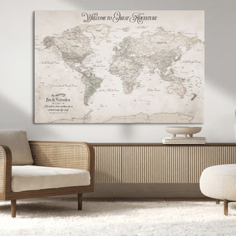 93034948-MGV-CV-36X24-Personalized World Map Wall Art – Vintage Beige Adventure Travel Map with Custom Names, Elegant Push Pin Canvas for Couples,