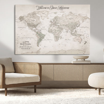 93034948-MGV-CV-36X24-Personalized World Map Wall Art – Vintage Beige Adventure Travel Map with Custom Names, Elegant Push Pin Canvas for Couples,
