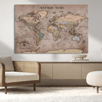 93226713-MGV-CV-36X24-Personalized World Map Wall Art – Adventure Awaits Rustic Earth-Tone Travel Map with Custom Names, Vintage Wall Decor for Couples,
