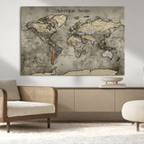 72658967-MGV-CV-36X24-Personalized World Map Wall Art – Adventure Awaits Rustic Sepia Travel Map with Custom Names, Vintage Wall Decor for Couples, Home