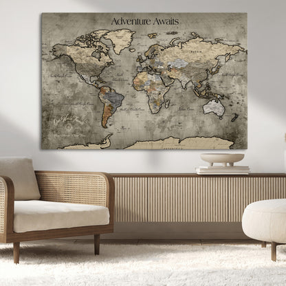 72658967-MGV-CV-36X24-Personalized World Map Wall Art – Adventure Awaits Rustic Sepia Travel Map with Custom Names, Vintage Wall Decor for Couples, Home