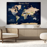 80965072-MGV-CV-36X24-Personalized World Map Wall Art – Adventure Awaits Navy Blue Travel Map with Custom Names, Rustic Vintage Wall Decor for Couples,