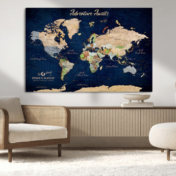 80965072-MGV-CV-36X24-Personalized World Map Wall Art – Adventure Awaits Navy Blue Travel Map with Custom Names, Rustic Vintage Wall Decor for Couples,