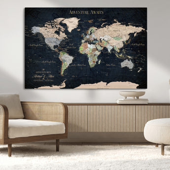 15547583-MGV-CV-36X24-Personalized World Map Wall Art – Rustic Navy Adventure Awaits Travel Map with Custom Couple Names, Vintage Wall Decor for Home or