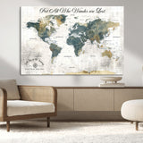 16233493-MGV-CV-36X24-Personalized World Map Wall Art – Rustic Blue Green Wanderlust Travel Map with Custom Couple Names, Vintage Wall Decor for Home