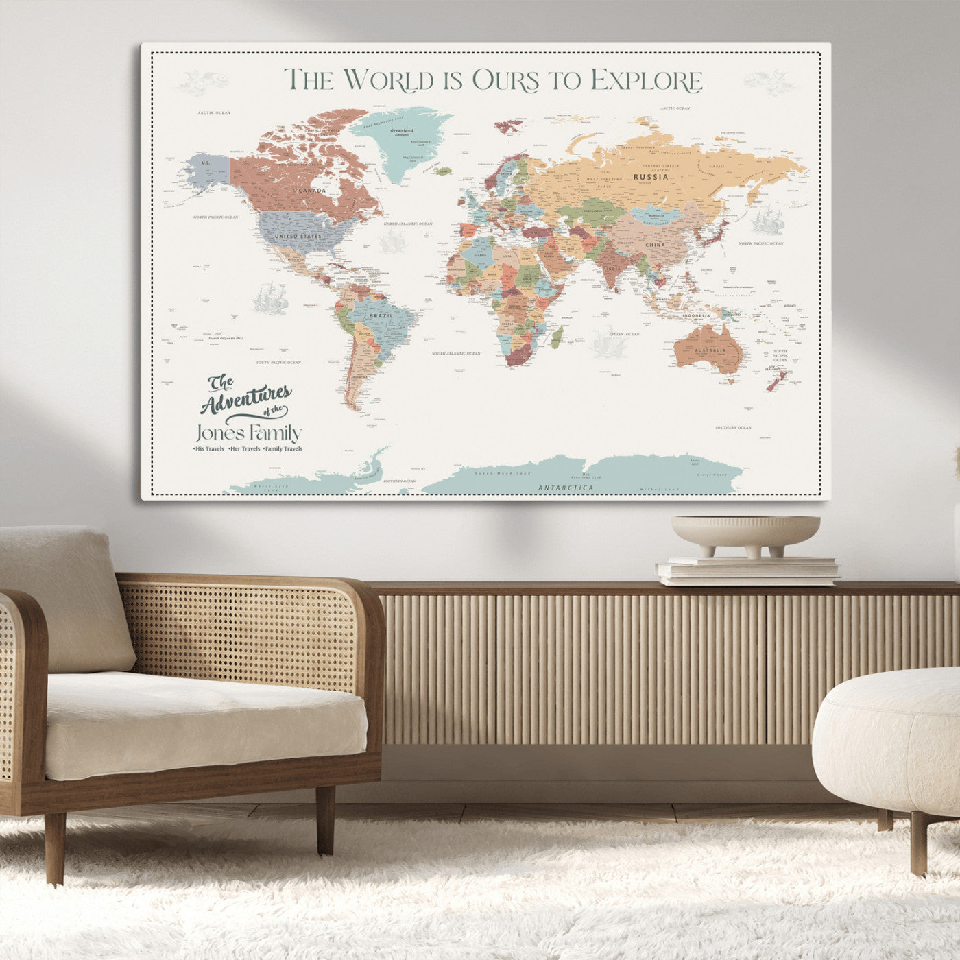 69180591-MGV-CV-36X24-Personalized World Map Wall Art – Rustic Vintage Adventure Travel Map with Custom Family Names, Unique Wall Decor for Couples,