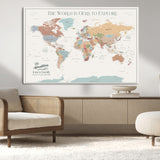 69180591-MGV-CV-36X24-Personalized World Map Wall Art – Rustic Vintage Adventure Travel Map with Custom Family Names, Unique Wall Decor for Couples,