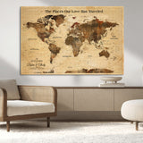 50680593-MGV-CV-36X24-Personalized World Map Wall Art – Rustic Brown Adventure Travel Map with Custom Names, Elegant Push Pin Canvas for Couples Home,