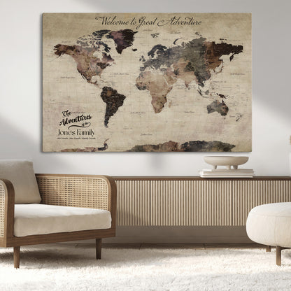 78610079-MGV-CV-36X24-Personalized World Map Wall Art – Vintage Rustic Travel Map with Custom Family Name, Adventure Wall Decor for Home, Family Gift or