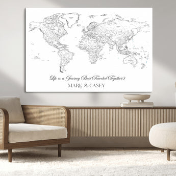 43438578-MGV-CV-36X24-Personalized World Map Wall Art – Black and White Minimal Travel Map with Custom Names, Elegant Wall Decor for Couples, Wedding or