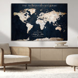 13231361-MGV-CV-36X24-Personalized World Map Wall Art – Navy Blue Vintage Adventure Travel Map with Custom Names, Elegant Push Pin Canvas for Couples