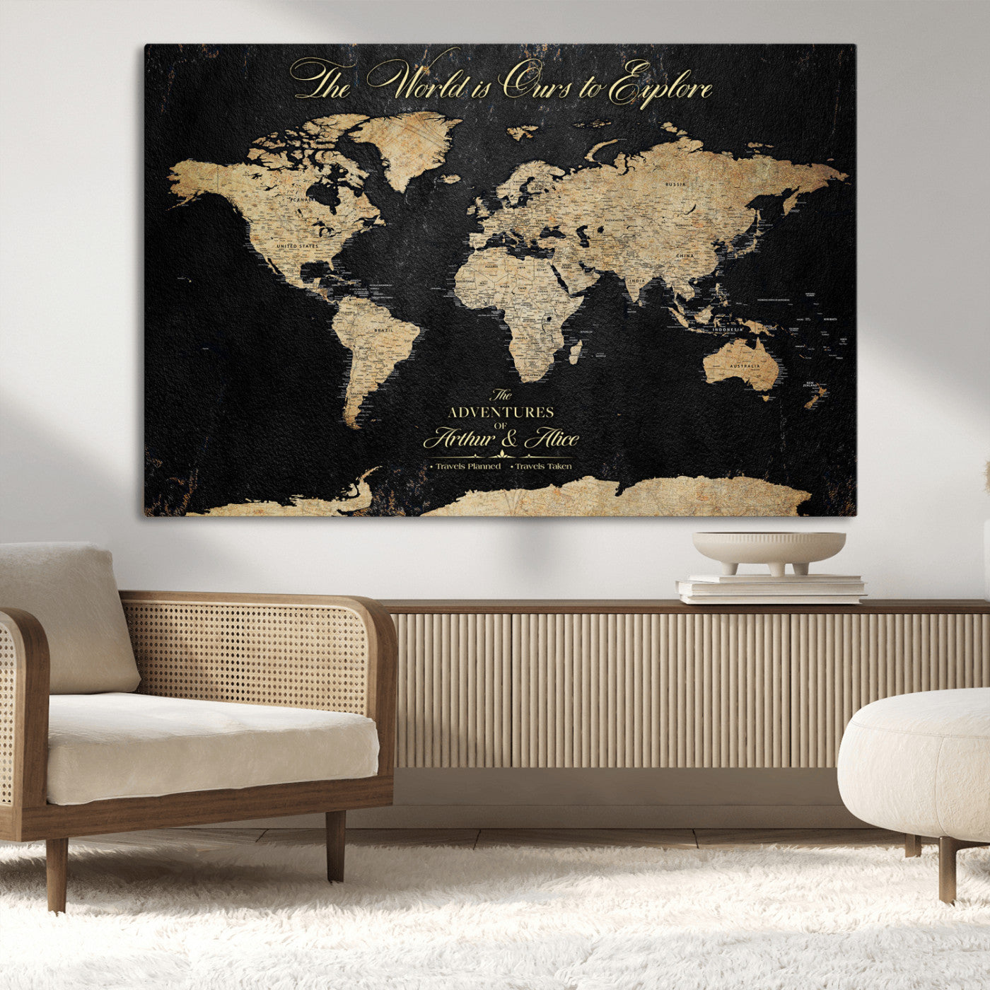 98947257-MGV-CV-36X24-Personalized World Map Wall Art – Vintage Black Adventure Travel Map with Custom Names, Elegant Push Pin Canvas for Couples Home